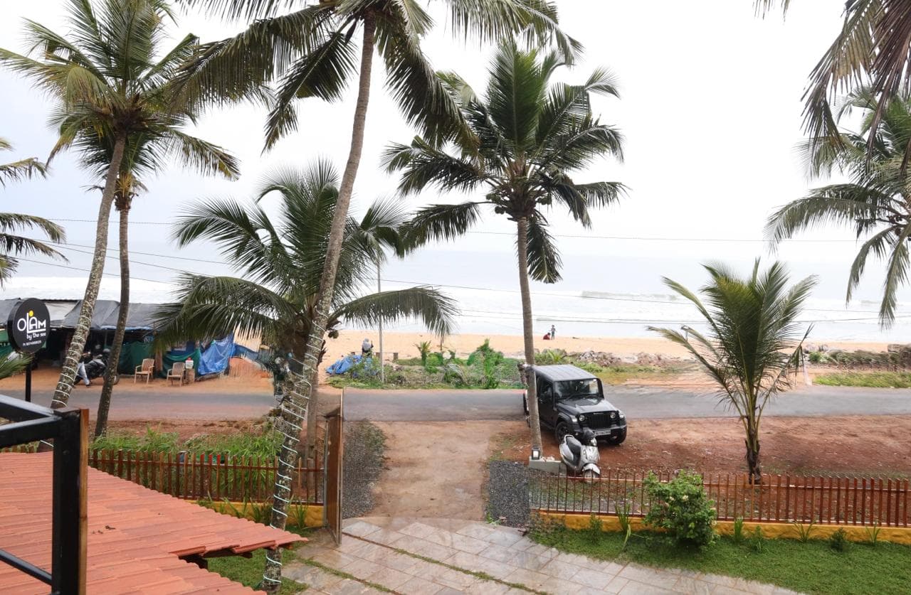 Palm-framed view of Payyambalam Beach from the property